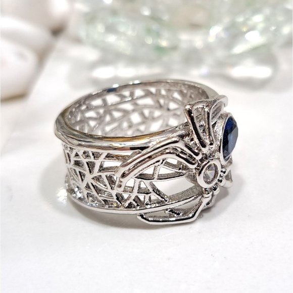 Blue Sapphire Black Widow Spider Stainless Statement Ring - Picture 7 of 13